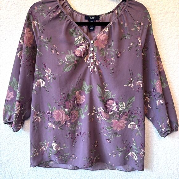 Chaps‎ Purple Mauve Pink Floral Semi-Sheer 3/4 Sleeve Vneck Top Blouse Large - Picture 2 of 10